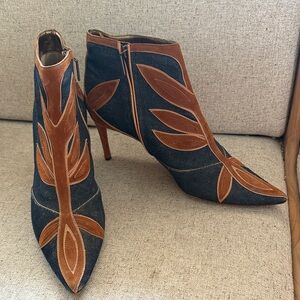 Dolce & Gabbana Women's Navy Denim and Brown Leather Accent Ankle Boots 40.5